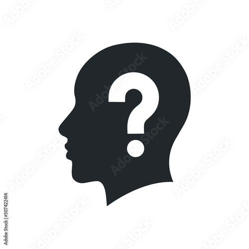 a flat vector image on a white background, an icon of a human head in black color with a question mark, an unknown person or looking for a solution in a difficult situation