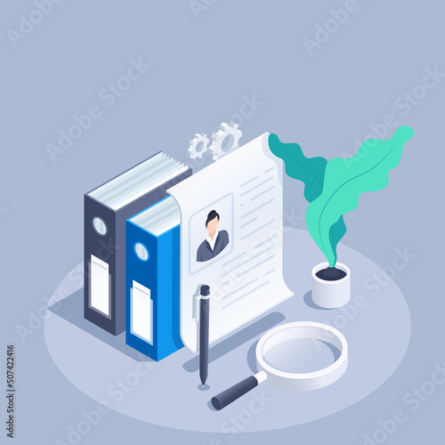 isometric vector illustration on a gray background, a paper sheet with a resume and folders with documentation, a pen and a magnifying glass, a profile of a worker