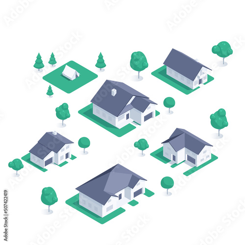 isometric vector illustration isolated on white background, set of private houses, buying or selling real estate