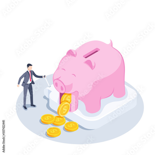isometric vector illustration on a white background, a man in a business suit pulls the lever and the jaw drops at the piggy bank, falling gold coins with dollar icon, use of savings