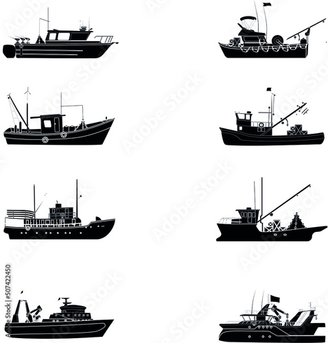 Fishing boats black and white collection icon set