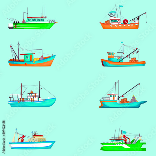 Fishing boats color collection icon set