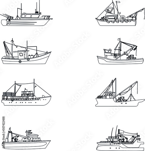 Fishing boats outline collection icon set