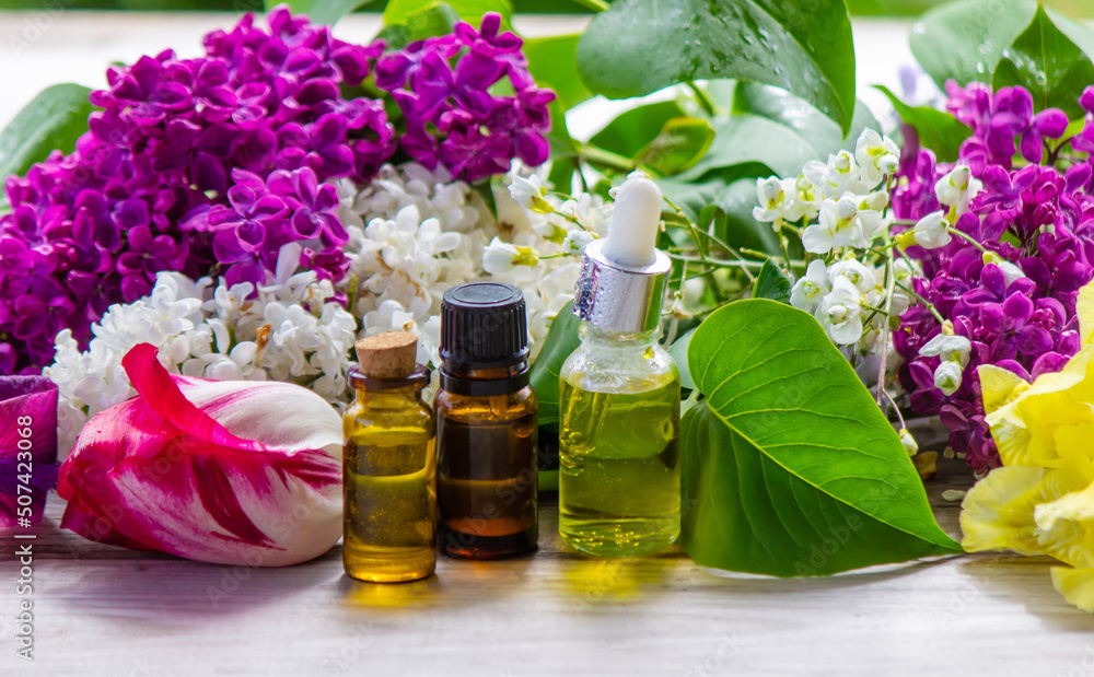 Essential oil from flowers. Spa. Selective focus Essential oil from flowers. Spa. Selective focus