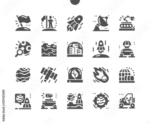 Colonization. Place of settlement. Space rocket, moonwalker and comet. Colonization city. Space satellite. Vector Solid Icons. Simple Pictogram