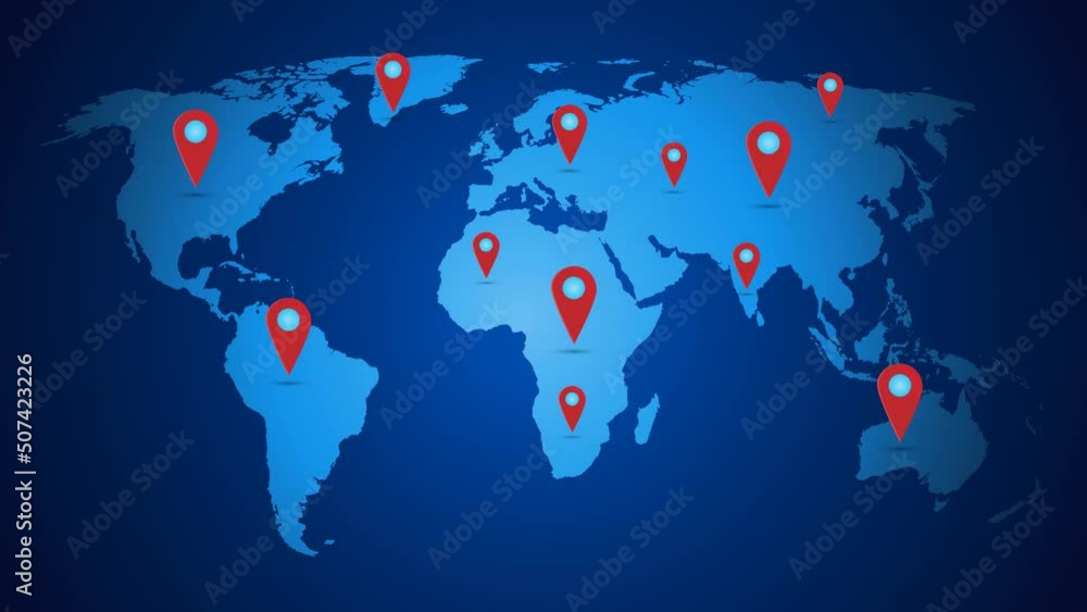 World map with global technology destination location concept. Motion graphics, animation 4k.