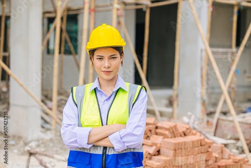 smart engineer confident lady builder woman girl smile in construction site happy worker