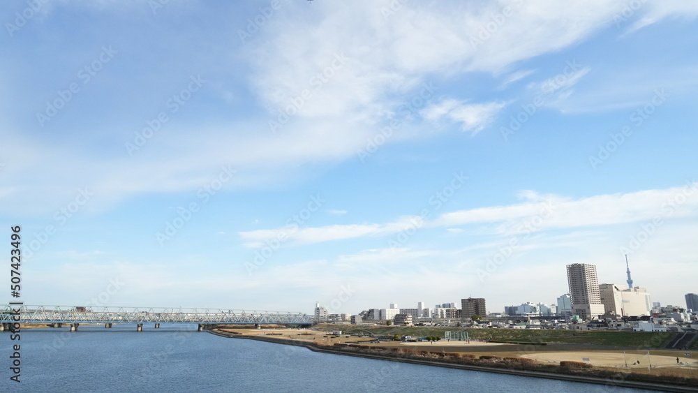 Arakawa river and Adachi city sky