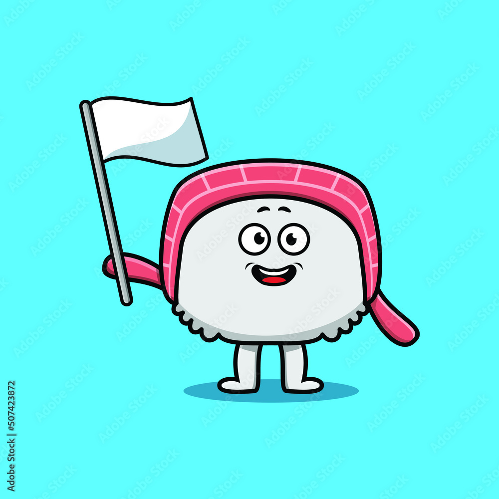 Cute cartoon Sushi mascot character with white flag in modern design 