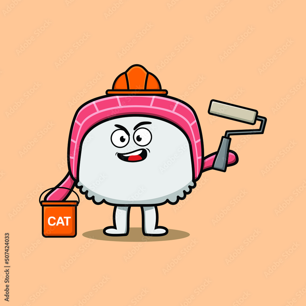 Cute cartoon sushi as a builder character painting in flat modern style design