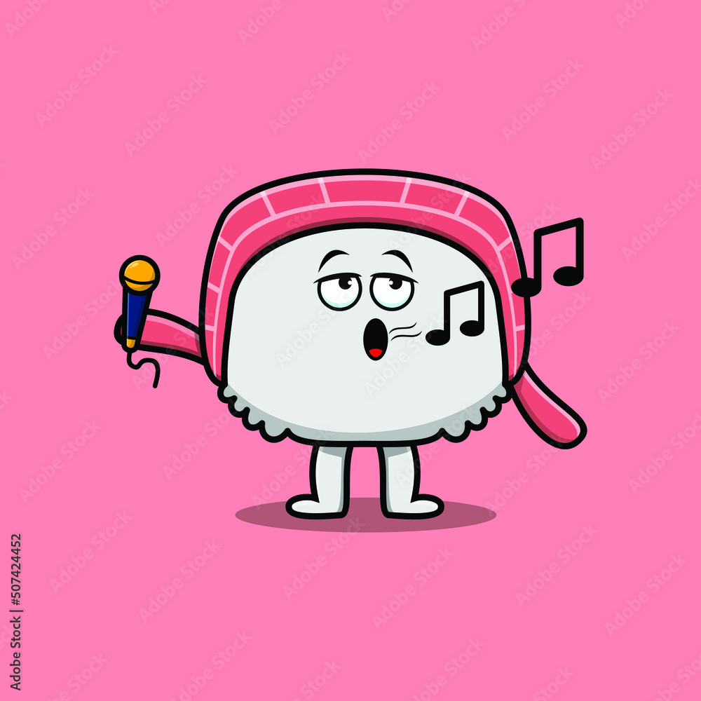 Cute cartoon sushi singer character holding mic in flat modern style design