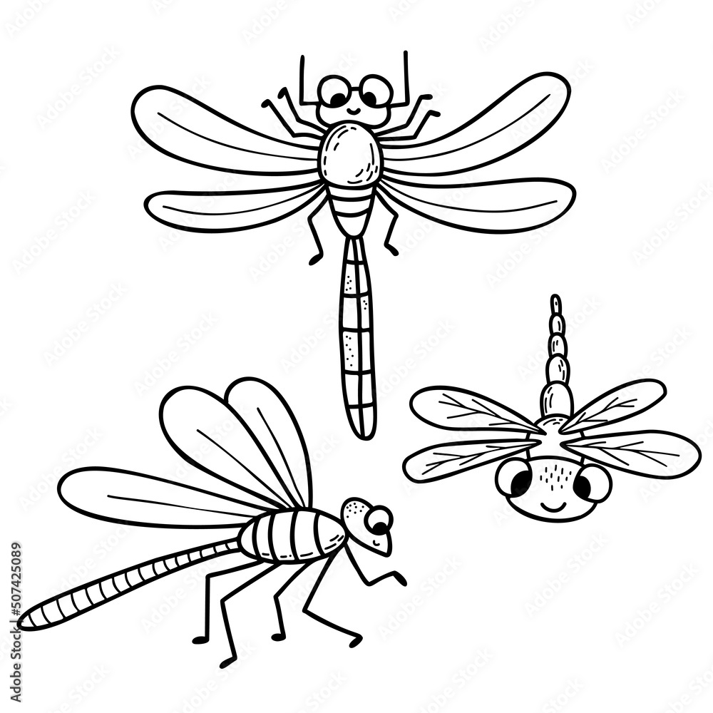 Collection of cute dragonflies. Winged insect. Linear hand drawn doodle. Vector illustration. Character for design, decor, decoration and print.