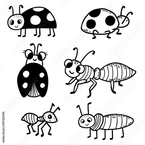 Collection of cute insects - ladybug and ants. Linear hand drawn doodle. Vector illustration. Isolated elements for design, decor, decoration and print.
