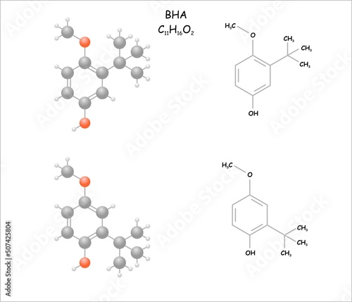 Stylized molecule model/structural formula of BHA. Use as antioxidant