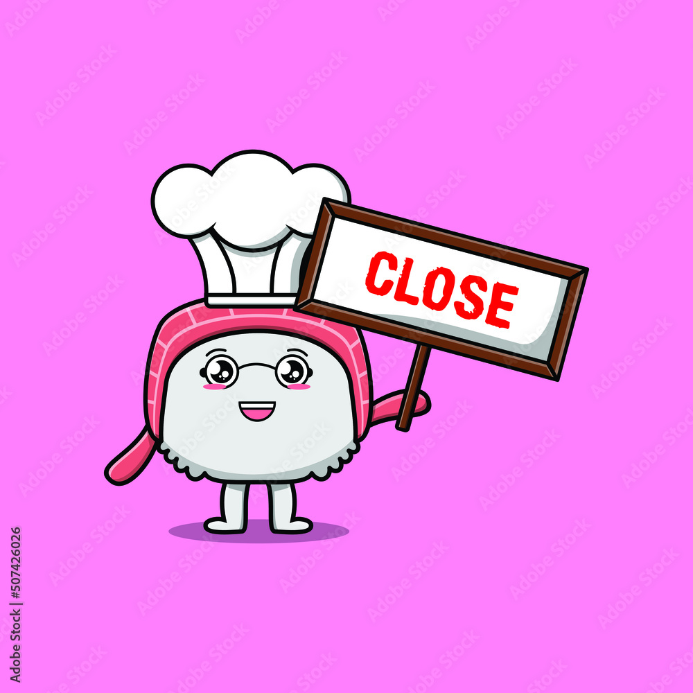 Cute cartoon sushi chef character holding close sign board designs in