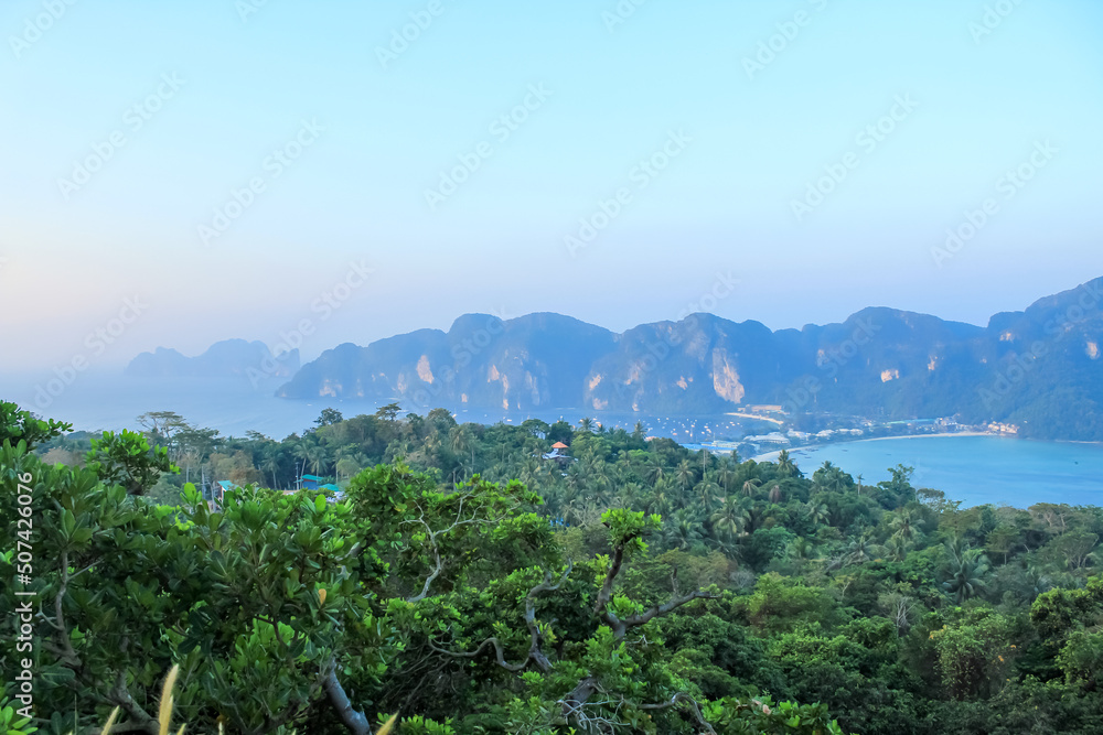 Blue hour light, sunrise over the Phi Phi Don island, Phuket, Thailand, copy space for text, background