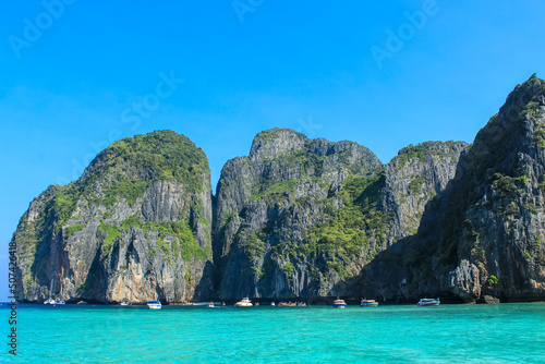 Blue lagoon of Maya bay at Phi Phi le  Phuket  Thailand. Copy space for text  wallpaper  background