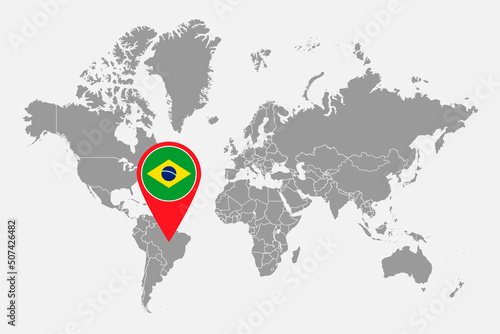 Pin map with Brazil flag on world map.Vector illustration.