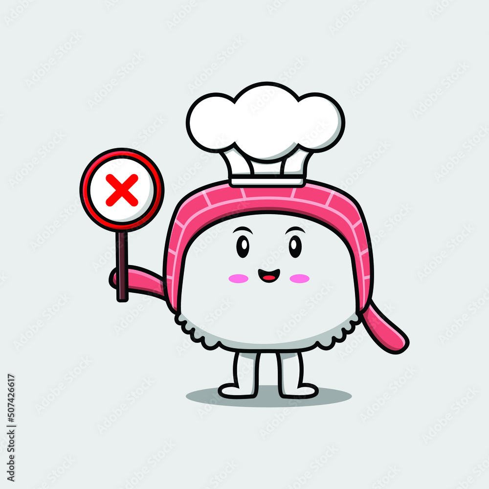cute cartoon sushi chef holding wrong sign board in vector character illustration