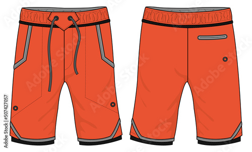 Board Shorts design vector template, Swim shorts concept with front and back view for Surfing, Swimming, Soccer, basketball, Volleyball, tennis, badminton and running active wear shorts design.