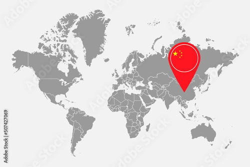 Pin map with China flag on world map.Vector illustration.