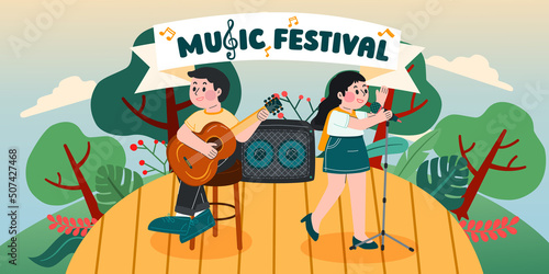 Music Festival In Garden With Relaxing Show, Vector, Illustration