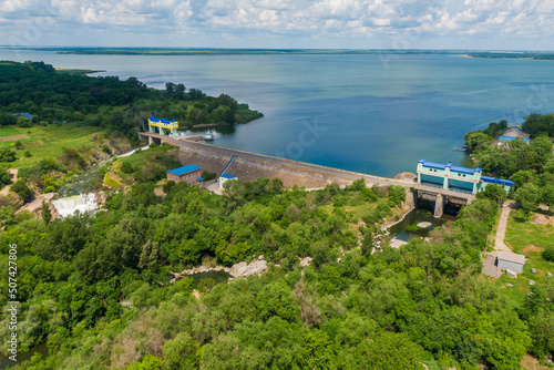 Dam from the height of the Karachunovsky reservoir of Krivoy Rog, Ukraine. photo