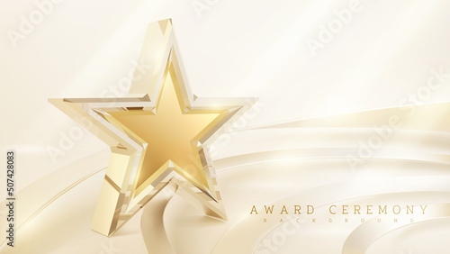 Award ceremony background with 3d gold star and ribbon element and glitter light effect decoration. photo