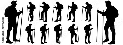 A large man in a cap, in a tracksuit, with a backpack on his back, walks with sticks for walking. Hikers with sticks for walking. Norwegian walking. Twelve black male silhouettes isolated on white	