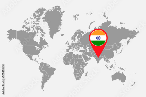 Pin map with India flag on world map.Vector illustration.