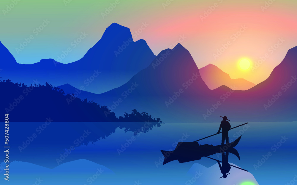 Fototapeta premium sunset on the lake with fisherman