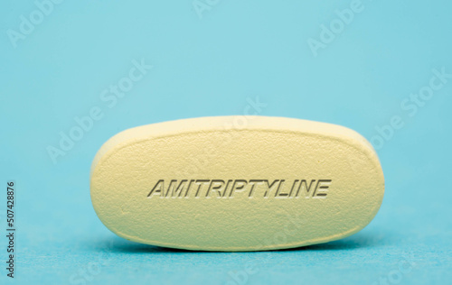 Amitriptyline Pharmaceutical medicine pills  tablet  Copy space. Medical concepts. photo