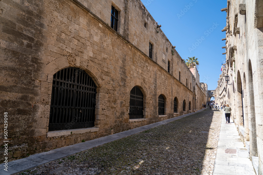 10.04.2022 The Street of the Knights, most famous street in old town, Rhodes island, Greece