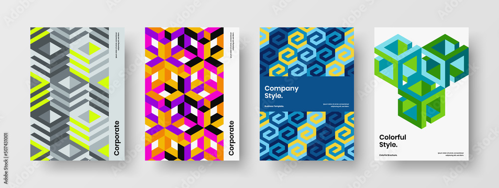 Amazing mosaic tiles leaflet concept set. Bright company brochure A4 design vector illustration composition.