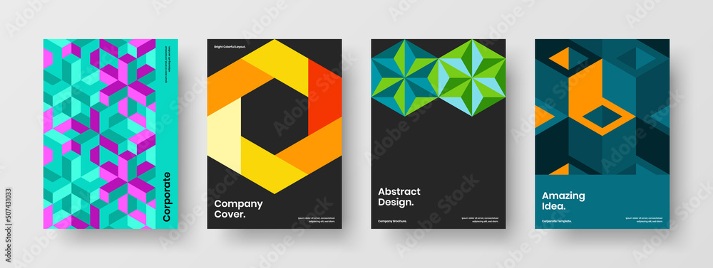 Multicolored catalog cover A4 vector design template bundle. Fresh geometric shapes handbill concept composition.