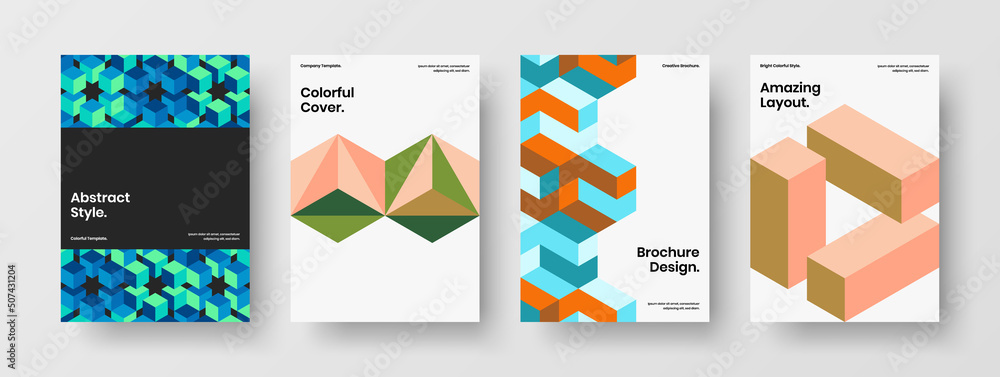 Simple poster design vector concept set. Minimalistic geometric hexagons placard template collection.