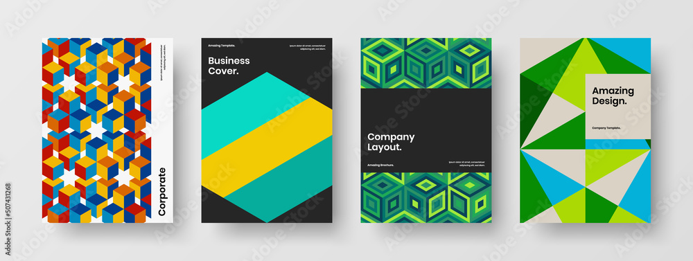 Fresh company brochure design vector template set. Bright geometric tiles catalog cover concept composition.