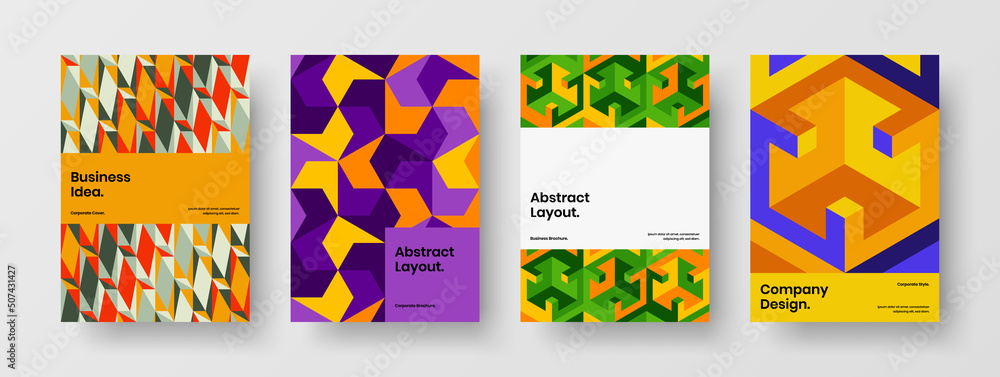 Fototapeta premium Amazing geometric hexagons leaflet illustration collection. Vivid presentation design vector template composition.