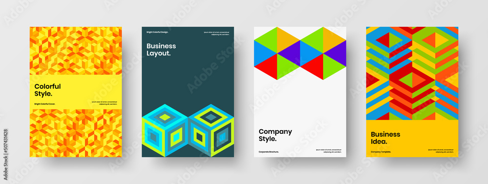 Modern leaflet A4 design vector layout set. Unique mosaic hexagons corporate identity concept bundle.