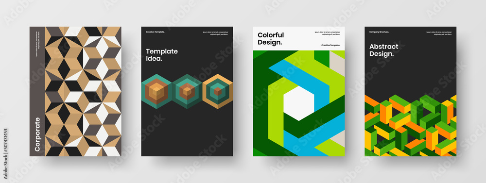 Minimalistic handbill A4 design vector concept bundle. Simple geometric hexagons pamphlet template collection.