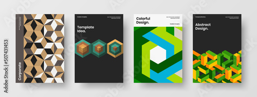 Minimalistic handbill A4 design vector concept bundle. Simple geometric hexagons pamphlet template collection.