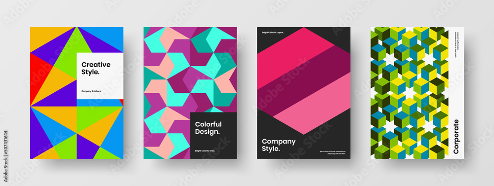 Multicolored brochure A4 vector design illustration collection. Amazing geometric hexagons pamphlet template bundle.