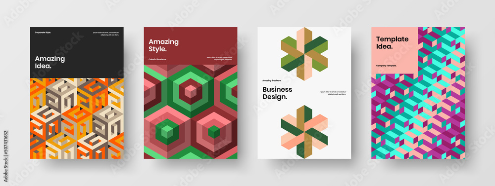 Bright geometric pattern corporate brochure illustration collection. Amazing banner design vector concept composition.