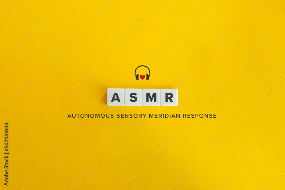 ASMR (Autonomous sensory meridian response) Banner and Icon. Letter Tiles on Yellow Background. Minimal Aesthetics. - obrazy, fototapety, plakaty 