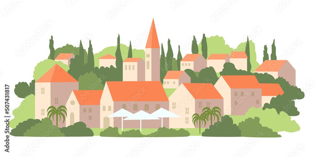 Old town landscape on the hill. Houses with red roofs.  Vector  color isolated illustration.	