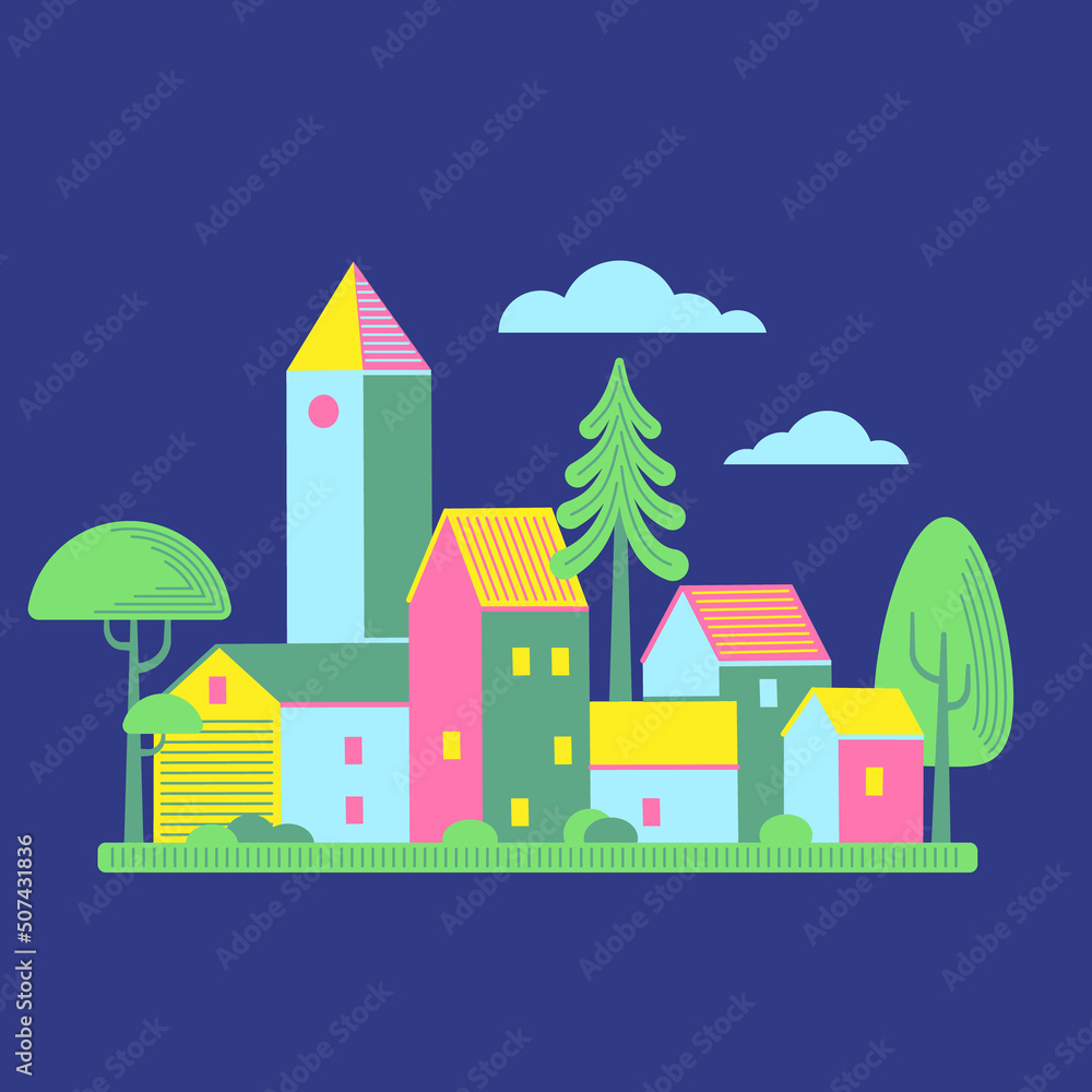 Houses of brignt colors in simple flat geometric style with line texture. Vector isolated illustration on the dark white background