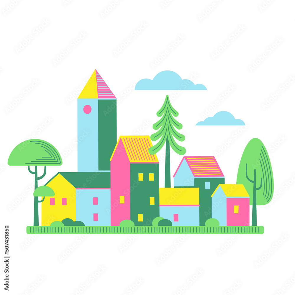 Houses of brignt colors in simple flat geometric style with line texture. Vector isolated illustration on the white background
