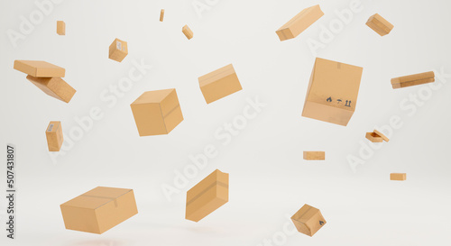 3D rendering brown box falling in the white background , delivery box