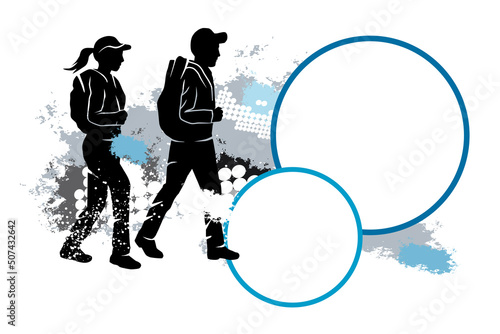 Hiking graphic with dynamic background and buttons.