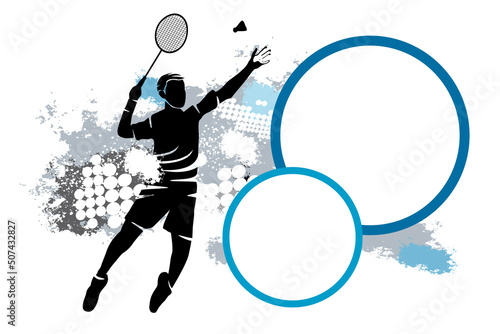 Badminton sport graphic with dynamic background.